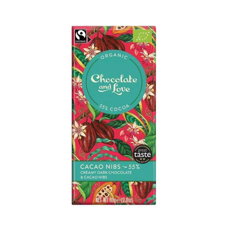 ChocLove Chocolate & Love Bar Cocoa Nibs 55% 80g